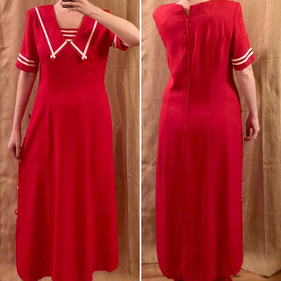 Vtg 80s Nautical Sailor Collar Sheath Maxi Dress Preppy Retro Pinup Red White 14 - Picture 1 of 6